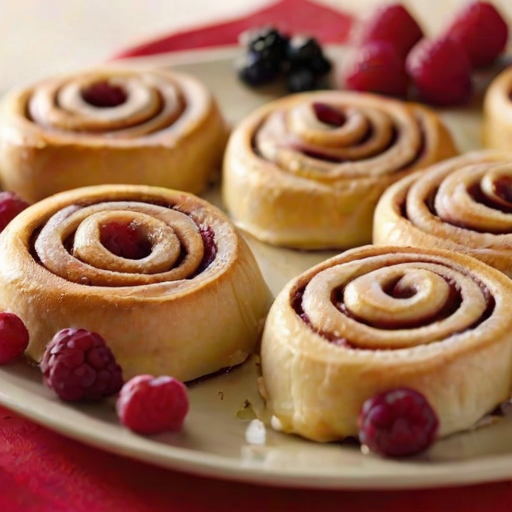 Create an image of freshly baked cinnamon rolls with a rich berry filling. The rolls should be golden brown with a soft, fluffy texture, and dusted lightly with powdered sugar. They should be arranged in a baking tray lined with parchment paper, showcasing their swirled design and inviting appearance. The background should be softly blurred to keep the focus on the delicious rolls.