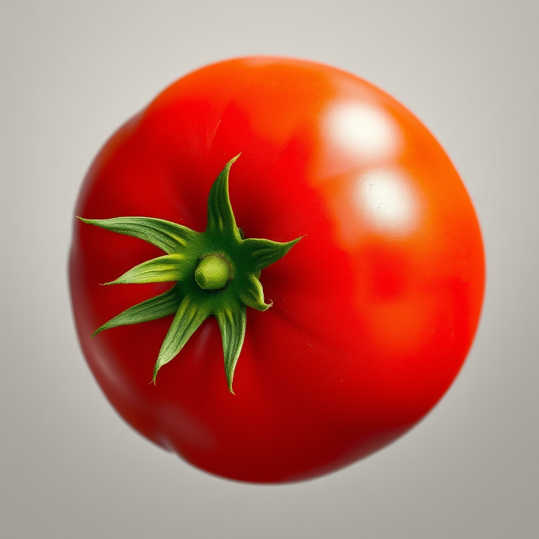 Create a high-resolution illustration of a shiny red tomato with a glossy finish and vibrant green stem, using a DSLR camera with a 50mm lens, ISO 100, f/1.8 aperture, and a shallow depth of field to enhance colors and details.
