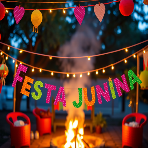 Create an image featuring festive party decorations with colorful banners spelling "Festa Junina" in an outdoor setting with a warm, glowing bonfire in the background, captured with a DSLR camera at f/2.8 aperture, 50mm lens, ISO 100, and a low-angle view to enhance the vibrant colors and depth of field.