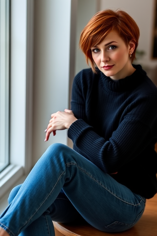 Generate a high-resolution image of a seated woman with short red hair in a black sweater and blue jeans, captured with a DSLR camera at f/1.8 aperture, ISO 100, 50mm lens, in soft natural lighting, from a slightly elevated angle, with a focus on her expression and pose.