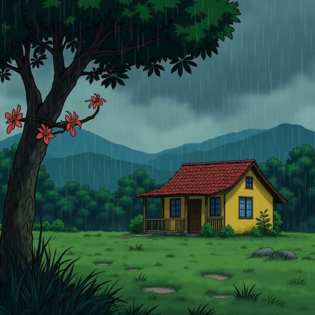 A rural, small bungalow with yellow walls and a red-tiled roof. The bungalow is nestled in the lush landscape of Colombia, Costa Rica. In the foreground, a branch of tropical flowers from a flowering tree. In the background, distant hazy mountains. There is a stormy sky and heavy rain. An animated still-shot from Studio Ghibli, Hayao Miyazaki.
