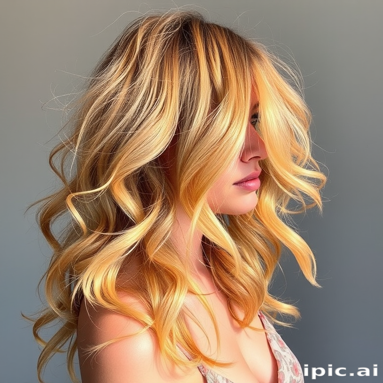 Golden honey blonde hair styled in loose, tousled curls with sun-kissed highlights, the Sunlit Siren style embodies carefree elegance and natural radiance