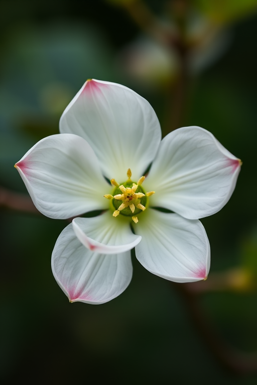 close-up photograph of a white dogwood flower with green center and pink-tipped petals, soft bokeh background, aperture f/2.8, shutter speed 1/200s, ISO 100, 50mm lens, natural light, DSLR camera