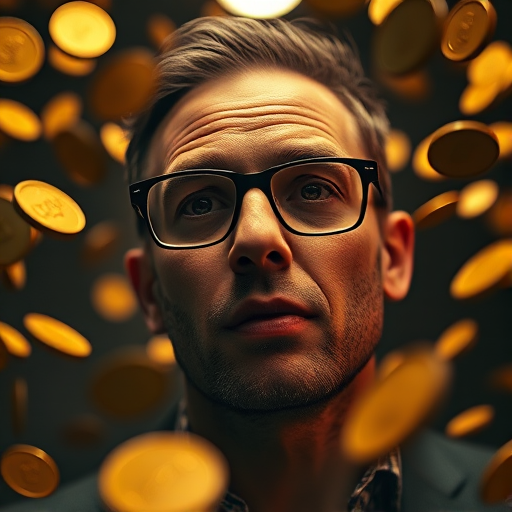 portrait of a man with glasses surrounded by floating gold coins, dramatic lighting, 50mm lens, f/1.8 aperture, ISO 200, soft focus background, low angle view, cinematic style, full-frame camera