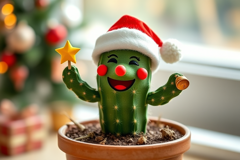 Create a cute 3D cactus character wearing a Santa hat with a big smile, holding a star and a bell, placed in a festive pot with Christmas decorations, captured with a Canon EOS R5, 50mm lens, f/2.8 aperture, natural light, and a slight bokeh effect to enhance focus on the cactus.