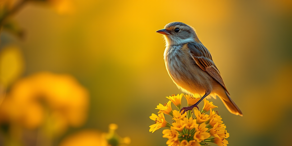 Capture a close-up of a bird perched on vibrant yellow flowers with a blurred background using a DSLR camera set to f/2.8 aperture, 1/500 shutter speed, ISO 200, in natural light during golden hour.