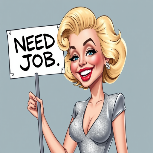 caricature of a smiling Marilyn Monroe in a Platinum dress or suit, holding up a sign that says "NEED A JOB", no watermark,
