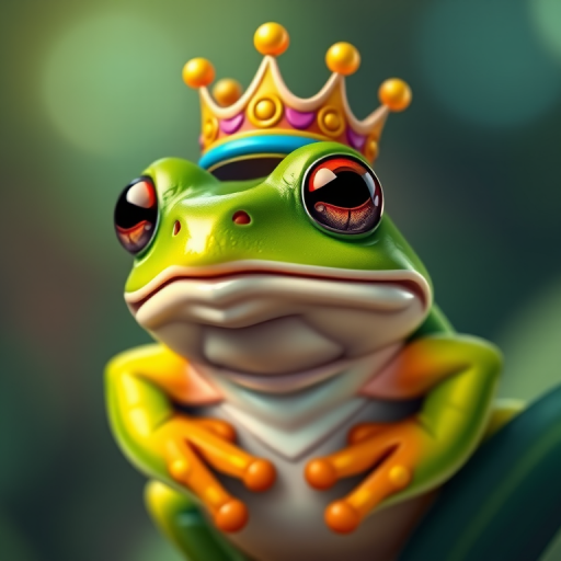 create an illustration of a cartoon green frog wearing a colorful crown on its head, captured with a DSLR camera at f/2.8, 1/160 sec, ISO 200, in a close-up view, using vibrant colors and a soft-focus background for enhanced image quality