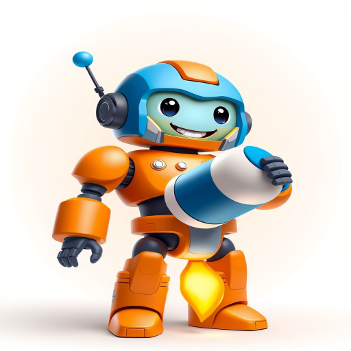 Generate a high-quality illustration of a cartoon robot character with a blue helmet and orange body, holding a blue and white cylindrical device, smiling, with rocket flames at the bottom, using a Canon EOS R camera with a 50mm lens, f/1.8 aperture, 1/200s shutter speed, capturing a vibrant color palette and smooth gradients in a bright studio setting.