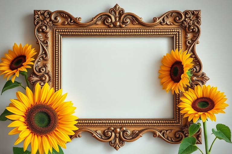 Create a high-resolution image of a decorative frame featuring sunflowers, using a Canon EOS 5D Mark IV with a 50mm lens, aperture f/2.8, ISO 100, and a soft focus style to enhance the vibrant colors and details.