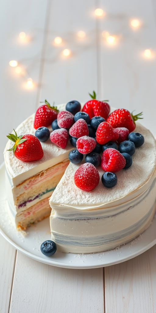 A beautifully decorated white cake with a fluffy texture topped with fresh strawberries, blueberries, and raspberries dusted with powdered sugar and garnished with green sprigs on a white plate, partially sliced, set against a light wooden background with soft glowing fairy lights.
