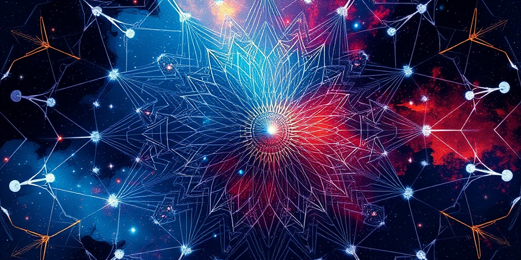 Create a cosmic abstract design with intricate geometric patterns and vibrant colors, using a Canon EOS R5 with a 24mm f/1.4 lens, set at ISO 100, f/8, and a shutter speed of 1/125s, captured from a slightly elevated angle to enhance depth and detail.