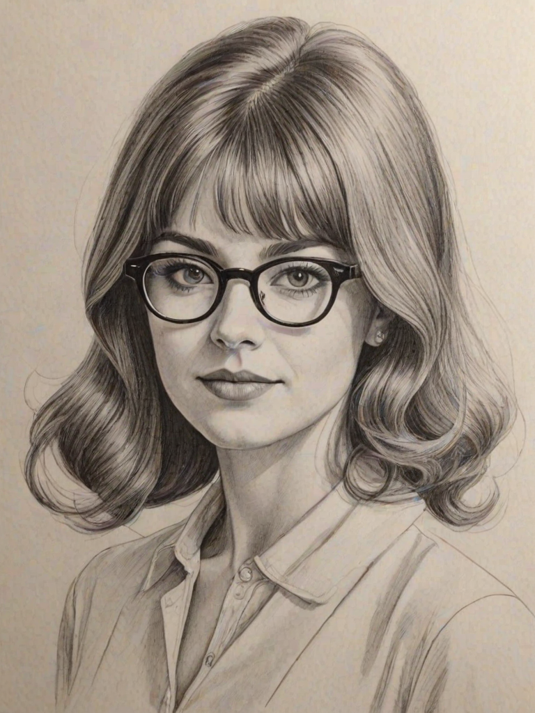 Splendid Natalie Dyer, pencil sketch, portrait of Enchanting woman 1968s in glasses, hair style beatnik, outline, clear lines, fine lines, 8k
