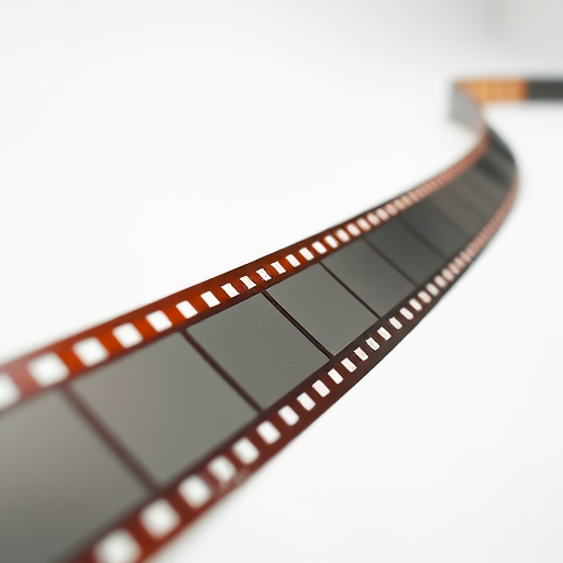 Create an image of a film strip on a white background, with a shallow depth of field, aperture f/2.8, ISO 100, shot from a low angle using a DSLR camera with a 50mm lens.