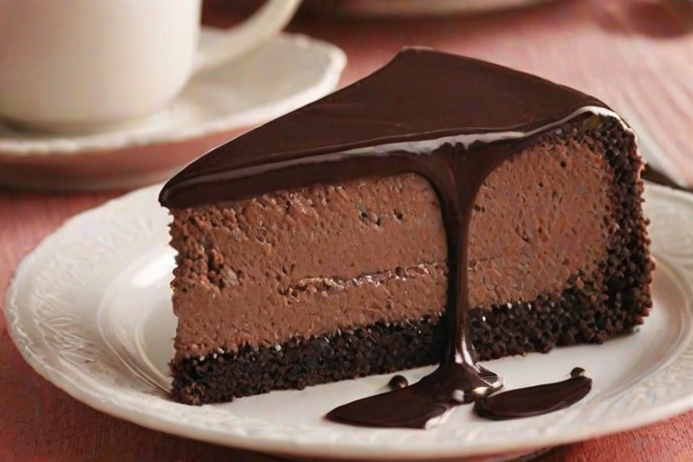 Create an image of a delicious chocolate mousse cake with a glossy chocolate glaze. The cake should have a rich, layered appearance, showcasing a dark chocolate crust and creamy mousse filling. Include a slice being lifted from the cake to emphasize its texture and layers. The background should be simple and elegant, enhancing the cake's appeal.