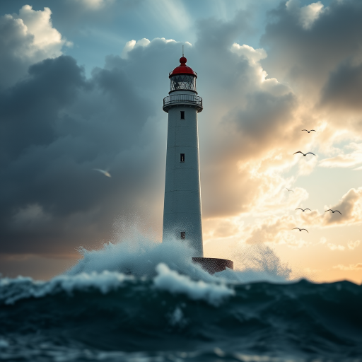 Create a stunning image of a lighthouse standing tall against a turbulent sea, with dramatic clouds and seagulls in the background, using a Canon EOS 5D Mark IV, 24mm lens, f/8 aperture, ISO 100, at a shutter speed of 1/250s, shooting from a low angle to capture the power of the waves and enhance the overall dynamic quality of the scene.