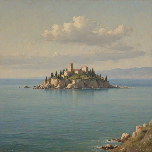 (italian seascape,sea),distant small mediaval italian castle,soft colours,