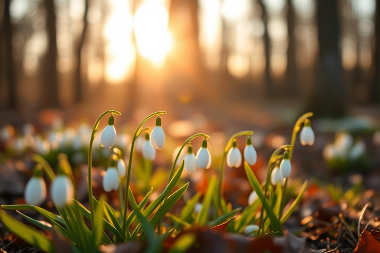 photograph of snowdrop flowers in a forest during golden hour, shallow depth of field, ISO 100, f/2.8, 50mm lens, soft focus, DSLR camera, portrait orientation, warm light softening shadows
