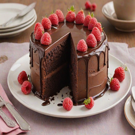 Create an image of a round chocolate cake with a smooth chocolate frosting. The cake should have a glossy chocolate drip effect along the sides and be topped with fresh raspberries and decorative chocolate pieces. Place the cake on a decorative white plate and arrange some pastel-colored plates nearby for a soft, elegant presentation.