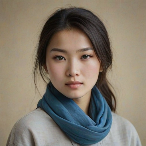 Create a portrait of a young Mongolian woman with long, dark hair and captivating hazel eyes. She is wearing a blue headscarf and a matching scarf draped gracefully around her neck. The background is softly blurred, focusing attention on her serene and natural expression. The overall color palette is muted and warm, enhancing the intimate and authentic feel of the portrait.