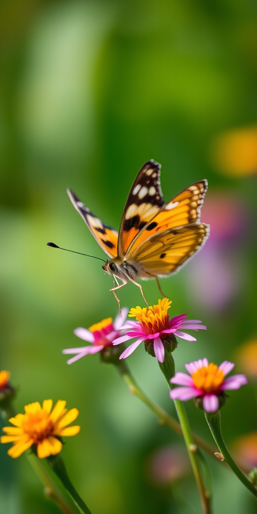 Close-up shot of a butterfly perched on colorful flowers with a blurred green background, ISO 200, f/2.8 aperture, 1/400 sec shutter speed, macro lens, natural light, DSLR camera.