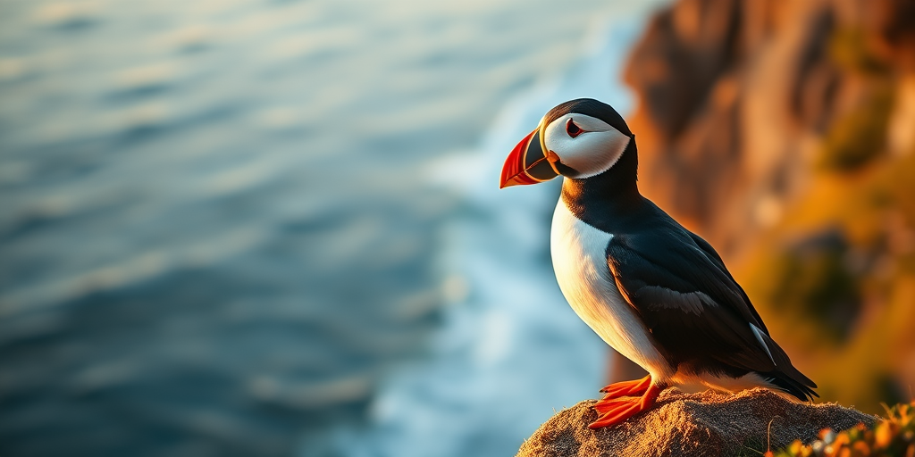 puffin on a cliffside with ocean in the background, soft golden hour lighting, shallow depth of field, 50mm lens, f/1.8 aperture, ISO 100, 1/250 sec shutter speed, DSLR camera, high resolution, vibrant colors