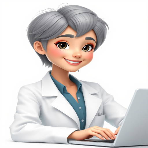 Create an animated character of a woman with short, gray hair in a white lab coat, smiling confidently while typing on a laptop, set against a plain white background, captured with a Canon EOS R5 at f/2.8, ISO 100, 1/200s, portrait orientation, soft lighting to enhance details.