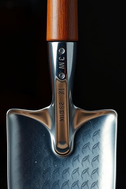 Create a high-resolution image of a shiny metal shovel with a wooden handle, using a macro lens at f/2.8, ISO 100, 1/125s exposure, and a soft light setup to enhance the details and texture.