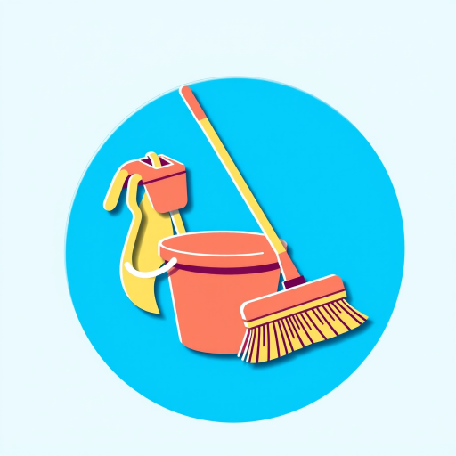 Create a high-resolution vector image of a cleaning icon featuring a mop, bucket, and broom, using a vibrant blue circular background, shot with a Canon EOS 5D Mark IV at f/8, ISO 100, 50mm lens, natural lighting for enhanced clarity and detail.