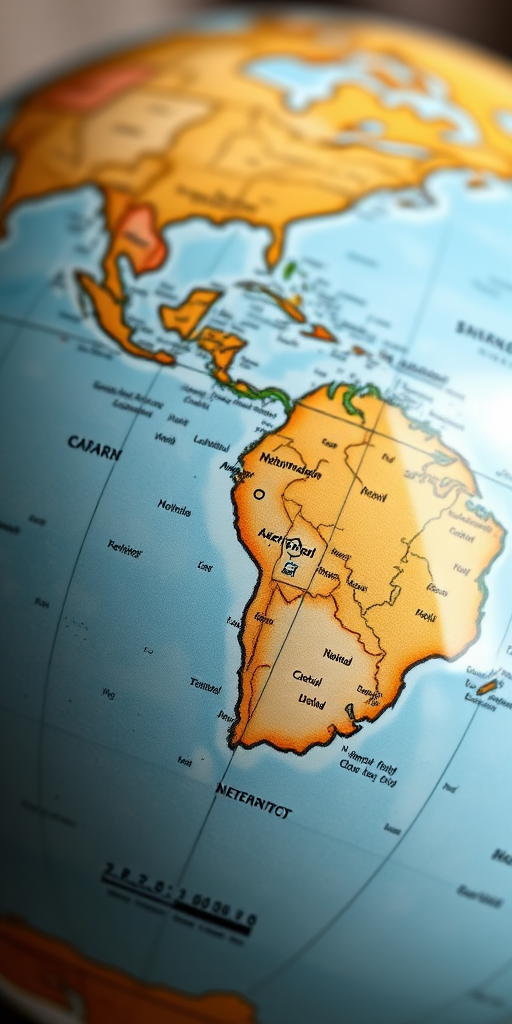Create a detailed illustration of a globe showing the continents and ocean lines with a focus on intricate details, use a DSLR camera, 50mm lens, f/2.8 aperture, ISO 100, shot from a low angle to emphasize the globe's features, soft natural lighting for clarity and depth.
