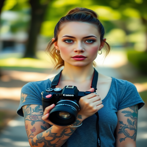 portrait of a woman with tattoos standing outdoors holding a camera, natural sunlight, shallow depth of field, 85mm lens, f/1.8 aperture, ISO 100, 1/2000s shutter speed, DSLR camera, vibrant colors and soft background blur