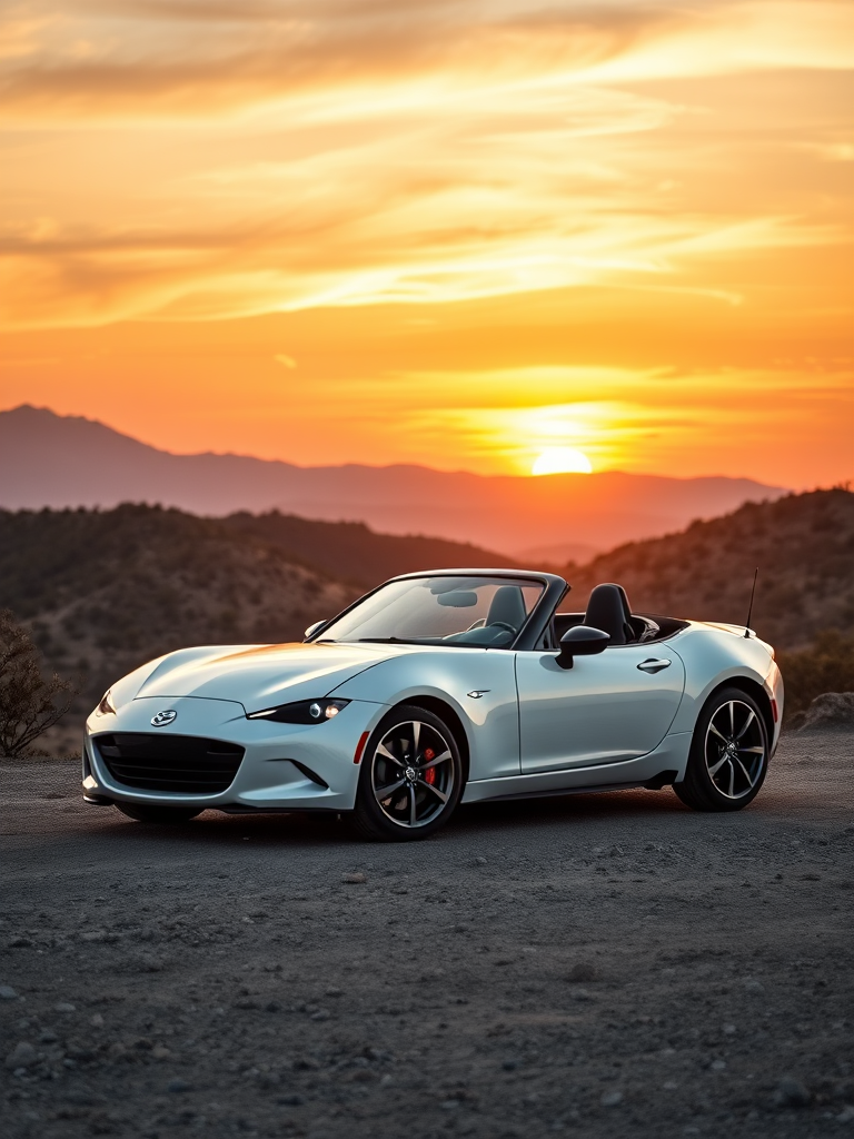 Generate a high-resolution image of a sleek white convertible sports car parked on a rugged terrain with a dramatic sunset backdrop, using a Canon EOS R5 camera, 50mm lens, f/1.8 aperture, 1/200s shutter speed, and ISO 100 for enhanced clarity and depth.