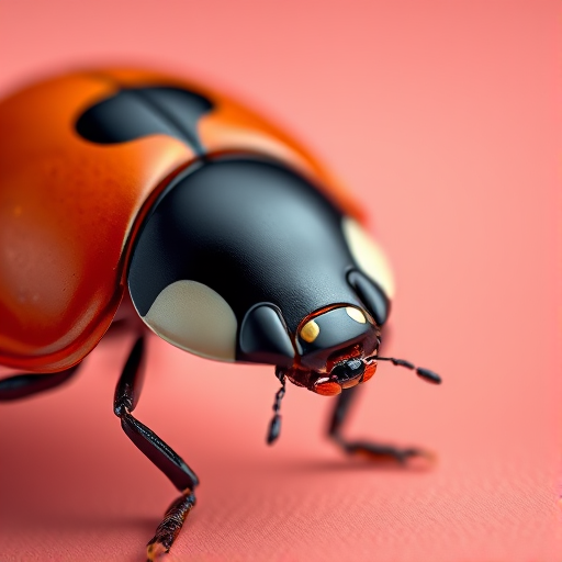 A close-up of a 3D rendered ladybug with a shiny orange and black shell on a gradient background, focusing on intricate details and textures, using a Canon EOS R5 camera with a 100mm macro lens, f/2.8 aperture, ISO 200, 1/250 sec shutter speed, soft lighting for enhanced clarity and depth.