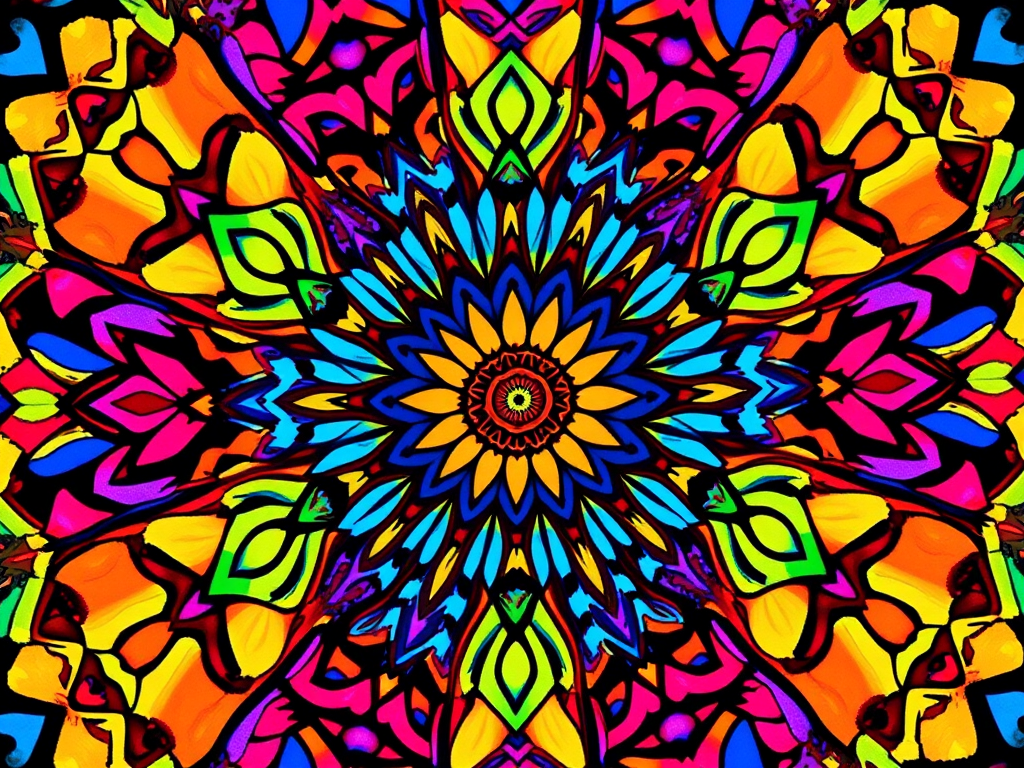Create a vibrant and intricate mandala design with colorful floral patterns and symmetrical shapes, using a high-resolution digital camera at f/8 aperture, ISO 100, 24mm lens, and shot in soft natural lighting to enhance detail and color richness.