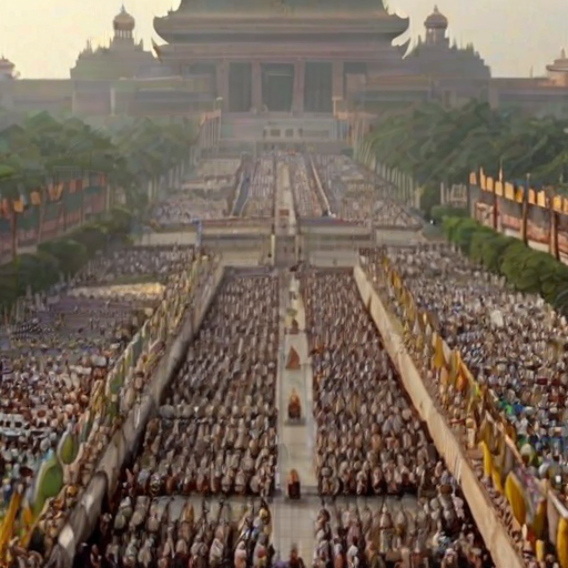 A grand religious gathering, huge statues, grand scenes
