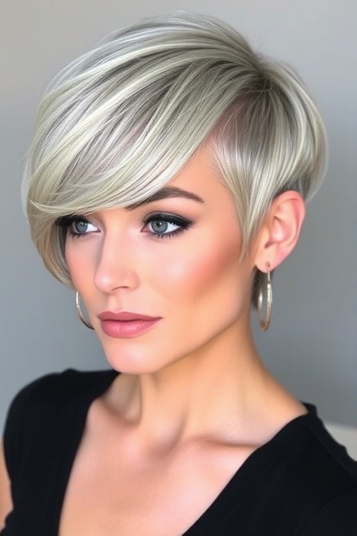 Sophisticated silvery-gray pixie with long side-swept bangs and subtle platinum highlights, styled in sleek finger waves for a timeless vintage appeal