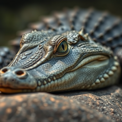 Close-up of a crocodile resting on a rock, shallow depth of field, 50mm lens, f/2.8, ISO 100, natural lighting, DSLR camera, focus on the eye and textures of skin.