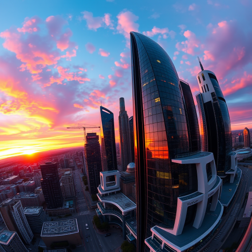 Create a high-resolution image of a futuristic cityscape at sunset, with vibrant colors in the sky, using a DSLR camera at f/8, ISO 200, 1/60s shutter speed, wide-angle lens, panoramic view.