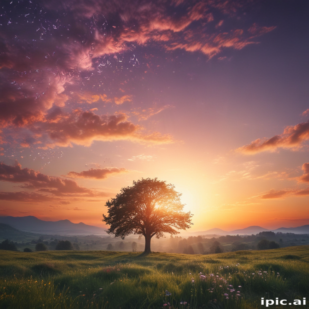 A Serene Sunset Over Rolling Hills with a Majestic Lone Tree.