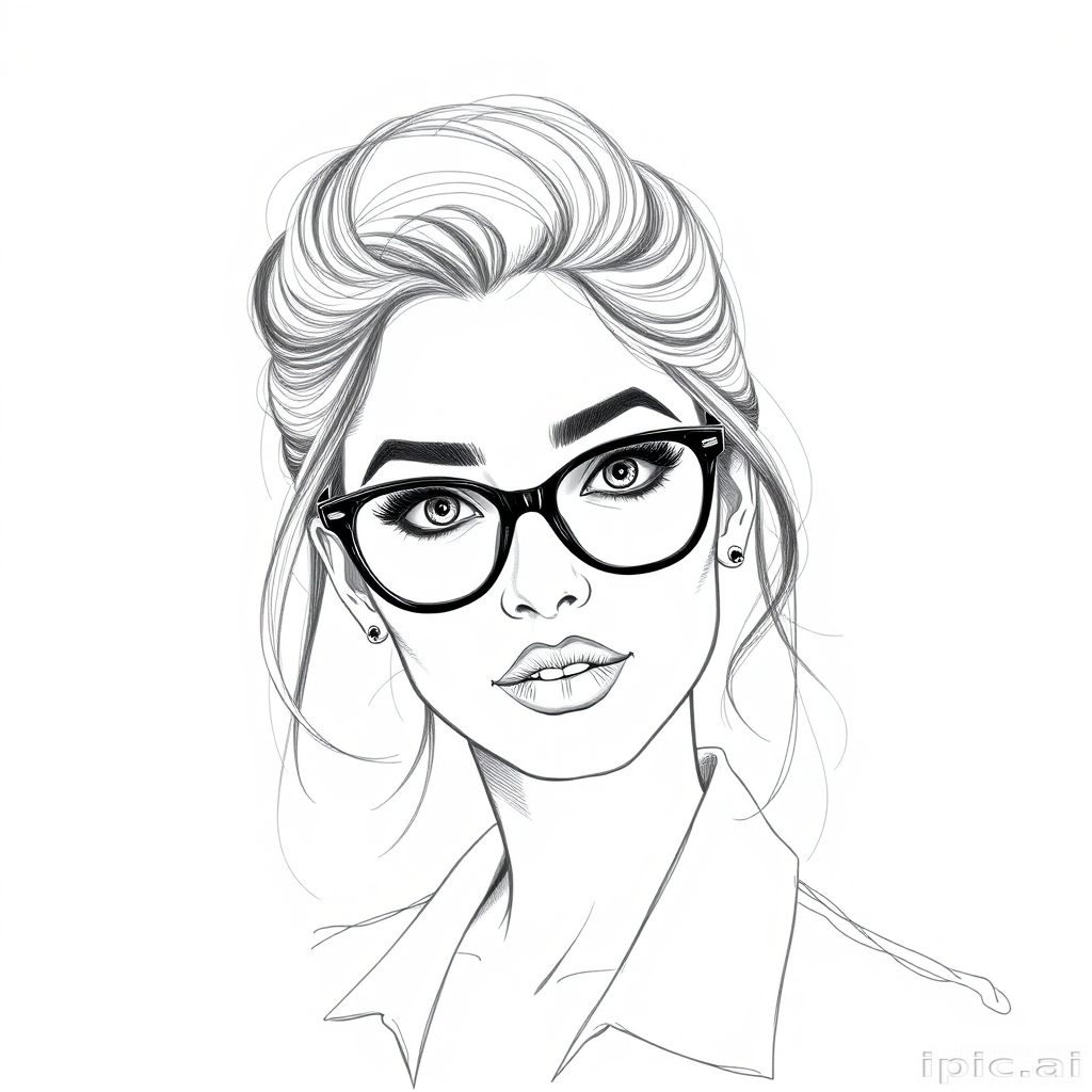 hot mia khalifa, pencil sketch, portrait of beautiful woman 60s in glasses, hair style beatnik, outline, clear lines, fine lines, 8k