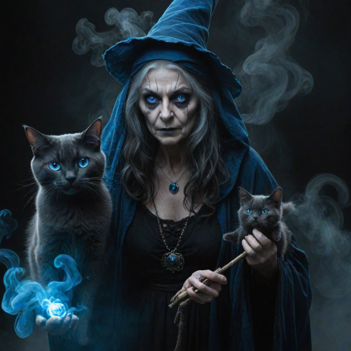 Close-up of a mysterious old crone female witch and her cat made of blue smoke are standing in the dark cackling evilly at the viewer. The smoke is a deep blue, and the background is black. The crone is wearing a long, flowing robe and has a pointed hat on her head. She is holding a staff in one hand and has a mischievous look on her face. The cat is sitting at her feet, looking up at her with glowing blue eyes. The smoke around them is swirling and shifting, as if it has a life of its own. The overall effect is eerie and magical.