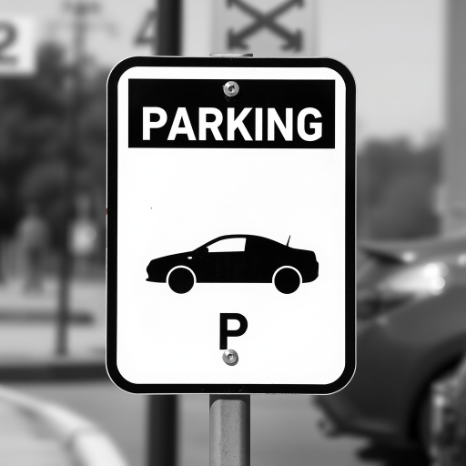 Create a high-resolution image of a simple black and white parking sign featuring a car silhouette and a "P" symbol, using a DSLR camera with a 50mm lens, aperture set to f/2.8, ISO 200, and a shallow depth of field to emphasize details and clarity.