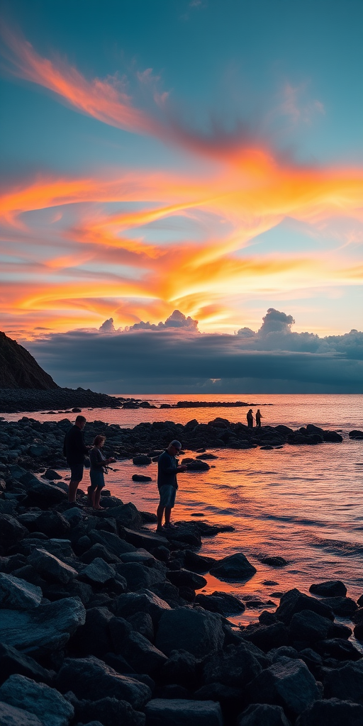 Regenerate a coastal sunset scene with four people fishing on rocky shorelines, vibrant colors reflecting on water, captured with a DSLR camera, 35mm lens, aperture f/8, shutter speed 1/250s, ISO 200, in a landscape view for enhanced clarity and detail.