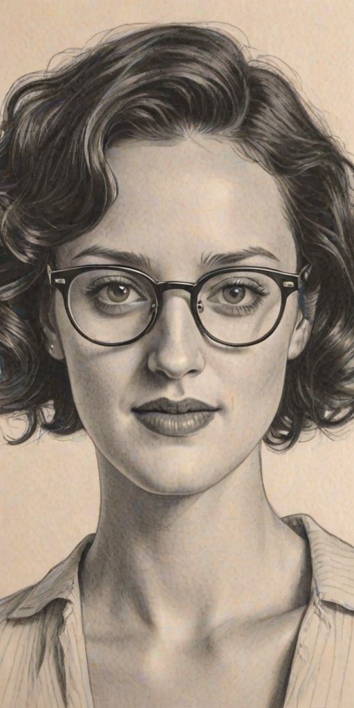 Ravishing Phoebe Waller-Bridge, pencil sketch, portrait of Graceful woman 1952s in glasses, hair style beatnik, outline, clear lines, fine lines, 8k