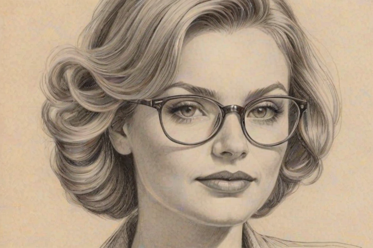 Graceful Amanda Detmer, pencil sketch, portrait of Stunning woman 1952s in glasses, hair style beatnik, outline, clear lines, fine lines, 8k