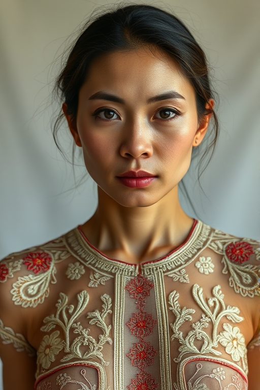 Face, shoulders, chest covered in openwork Cambodian embroidery. Raw, unedited image.