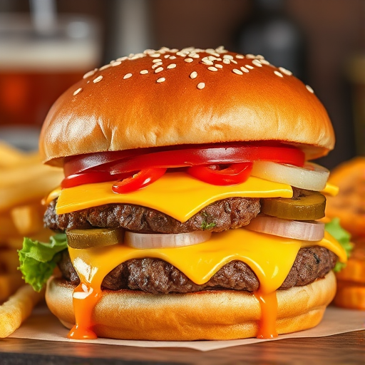High-resolution, close-up image of a gourmet double cheeseburger. The burger features a glossy, sesame-seed-topped brioche bun. Inside, there are two thick, juicy beef patties, each topped with melted cheddar cheese. The burger is garnished with fresh lettuce, tomato slices, diced onions, and pickles. A generous amount of ketchup and a creamy, orange-colored sauce is dripping down the sides, adding to the mouth-watering appeal. In the background, there are blurred elements including a side of golden French fries and a hint of a beverage, enhancing the overall presentation of a delicious meal.