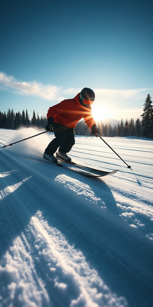 Create a dynamic silhouette of a skier in motion, using a DSLR camera at f/4, ISO 100, 1/500s shutter speed, from a low-angle view, capturing a wide shot in natural winter lighting for enhanced contrast and clarity.