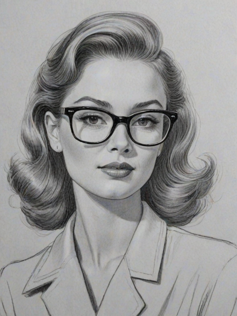 Dazzling Ginger Gonzaga, pencil sketch, portrait of Elegant woman 1950s in glasses, hair style beatnik, outline, clear lines, fine lines, 8k
