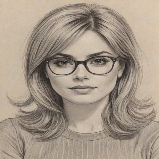 Bewitching Cara Buono, pencil sketch, portrait of Attractive woman 1960s in glasses, hair style beatnik, outline, clear lines, fine lines, 8k